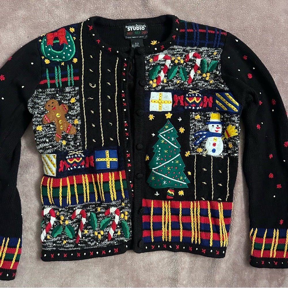Vintage Original Studio Ugly Christmas Sweater Gingerbread and Snowman 90s
